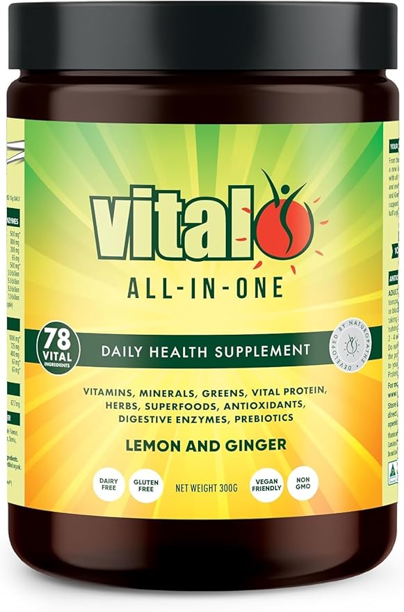 Vital All-in-One Daily Powdered Supplement - Natural Greens Superfood Powder for Energy & Health, Super Greens Powder Drink Mix with Probiotic & Antioxidant Support - Lemon & Ginger, 10.58 oz (300 g)