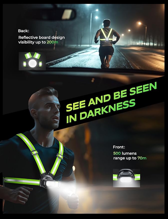500LM High-Visibility Running Lights for Runners with 7 Modes, Adjustable 45° Beam, 360° Reflective Vest & IPX4 Waterproof Running Vest Headlamp for Night Walking/Cycling, 3.5-20Hrs Runtime