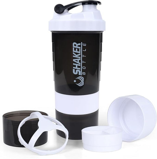 Shaker Bottle, Leak Proof Shaker Bottle for Protein Mixes,16oz 3 Layer Twist Off Cup with Pill & Supplement Storage, Gym Sports Cup for Protein Powder, White
