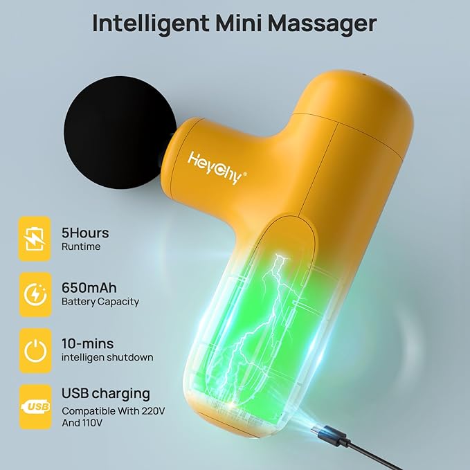 Mini Massage Gun Deep Tissue, Handheld Portable Mini Travel Size Percussion Deep Tissue Massager with 4 Attachments & 5 Speeds, Ideal Gift for Men & Women, Yellow