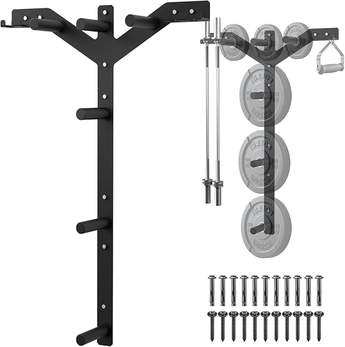 Wall Mounted Weight Plate Rack, 6 Pegs & 4 Barbell Storage Rack, 1190 LBS Capacity Weight Plate Holder, Wall Mounted Bumper Plate Storage for Home Garage Gym, Fit 2" Olympic, Rubber Protection Pads