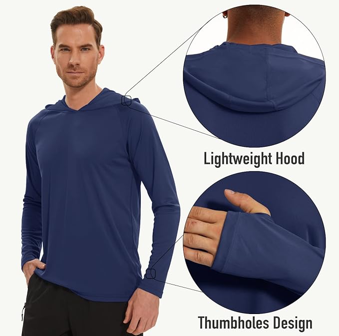 MAGCOMSEN Men's Hooded UPF 50+ Sun Protection T Shirts Long Sleeve Athletic Fishing Shirts Rash Guards