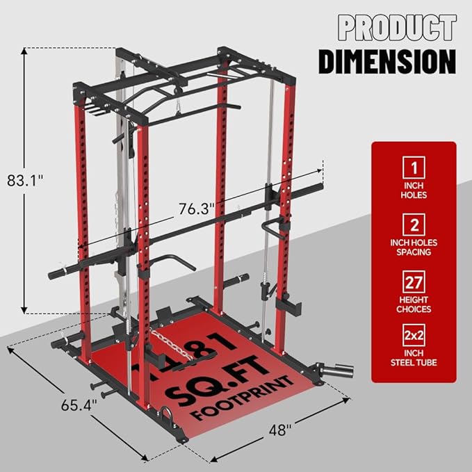 FAGUS Power Cage, Multi-Function Power Rack with LAT Pulldown, Seated Row, Cable Pulley System, J-Hooks, Dip Handles, Landmine, Squat Rack with Optional Cable Corssover, Smithe Attachment for Home Gym