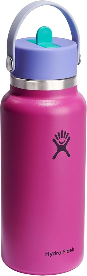 Hydro Flask Water Bottle - Insulated Stainless Steel - Wide Mouth Flex Straw Lid, Non Spill, Leakproof and Refillable in 32 Oz Holiday Punch