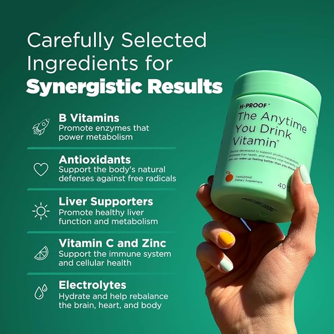 H-PROOF The Anytime You Drink Vitamin, Liver Health & Immunity Support with Electrolytes, Milk Thistle, and Vitamins B & C - 40 Chewable Tablets (20 Servings), Vegan, Tangerine