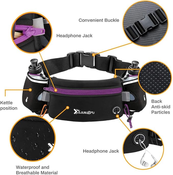 Running Belt with Water Bottles(2 x 175ML), Hydration Belt Waterproof Waist Pack Bag Fits iPhones Adjustable Sports Waist Pouch for Marathon Running Hiking Cycling, Purple