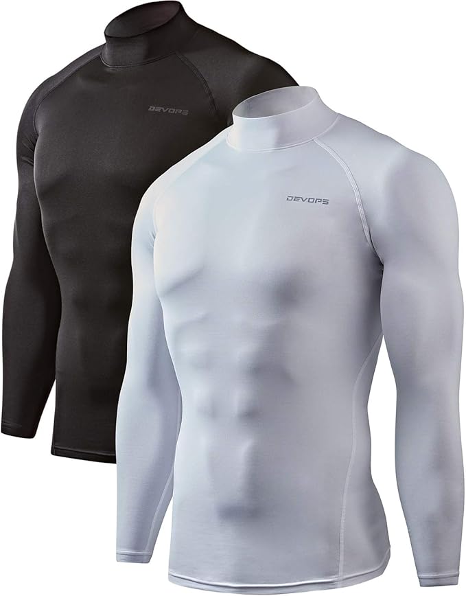 DEVOPS 2 Pack Men's Thermal Turtle Mock Neck Shirts, Compression Long Sleeve Tops and Hoodies