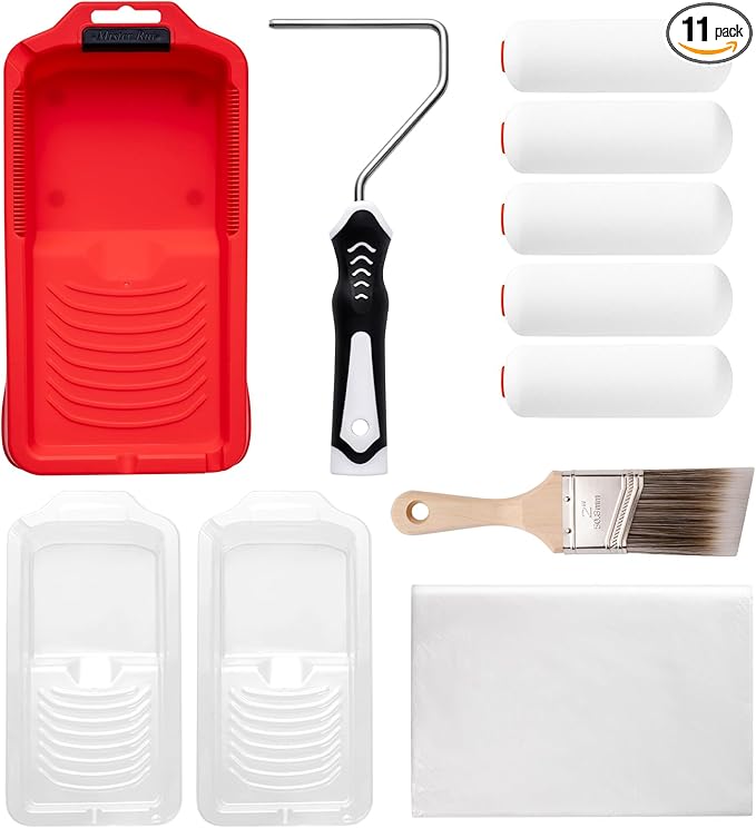 Mister Rui 11-Piece Foam Paint Roller Kit, 4-Inch Roller with Ergonomic Handle, Magnetic Paint Tray & Liners, High-Density Foam Covers with Brush, Painting Supplies for Walls, Cabinets, and Trim