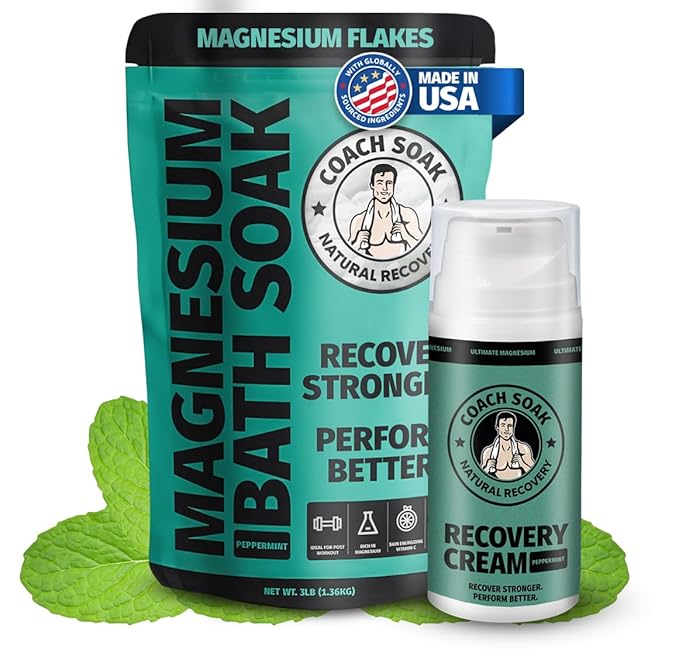 Coach Soak Recovery Bath Soak & Cream - Alternative to Epsom Salt Bath Soak - Fast-Absorbing Pure Magnesium Flakes with 21 Minerals, Bath Salts & Essential Oils - 2 Pack - Cooling Peppermint