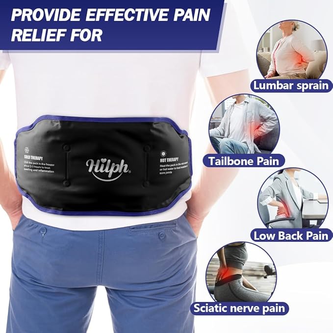 Hilph Low Back Ice Pack Wrap for Men Women, Reusable Gel Back Ice Belt with Hot Cold Therapy for Lumbar Pain, Abdominal Pain, Lumbar Surgery, Sciatic Nerve, Coccyx, Tailbone Pain (Black)