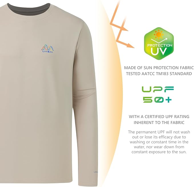 Men’s UPF 50+ Long Sleeve Performance T-Shirts Permanent UV Protective Quick Dry for Everyday Hiking Fishing Beach