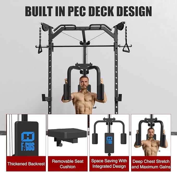 FAGUS Smith Machine Home Gym Power Cage with Pulley System, Space Saving Design Squat Rack with Full Body Strength Training Attachments, PEC Station & Fixed Cable Crossover Optional