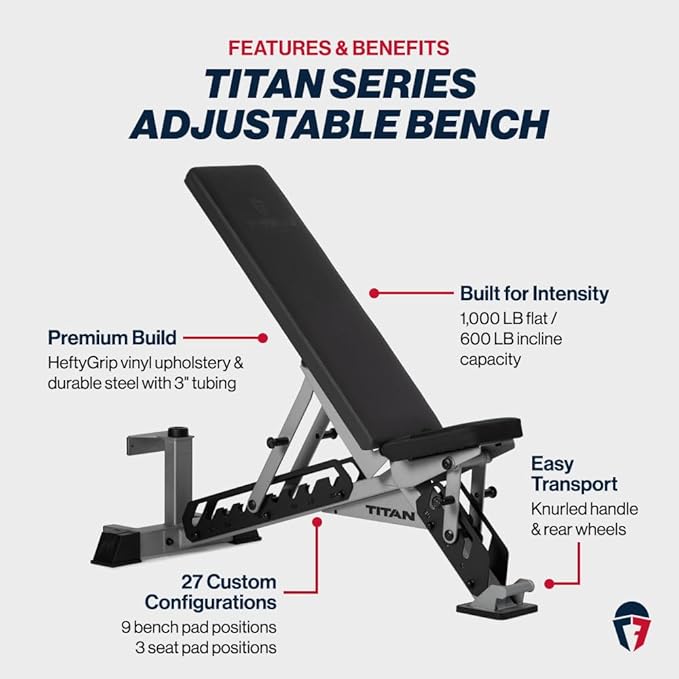 Titan Fitness TITAN Series Adjustable Bench, Supports 600 LB Incline, 1,000 LB Flat, Versatile Single Post Utility Workout Bench for Home Gym, Weightlifting, Strength Training