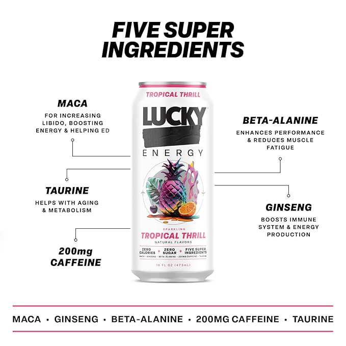 Lucky Energy Sugar Free Energy Drinks 16 Fl Oz Cans (12-Pack) Healthy Energy Drink. Tropical Thrill with Maca, Ginseng, Taurine, Beta-Alanine, 200mg Caffeine