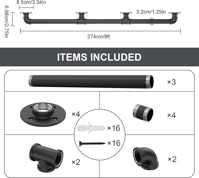 9FT Industrial Stair Railing Wall Mount Staircase Handrail φ1.3" Pipe Hand Rail for Steps Grab Bar Foot Rail Vintage Pipe Railing Black Deck Handrail for Outdoor Indoor Stairs Porch