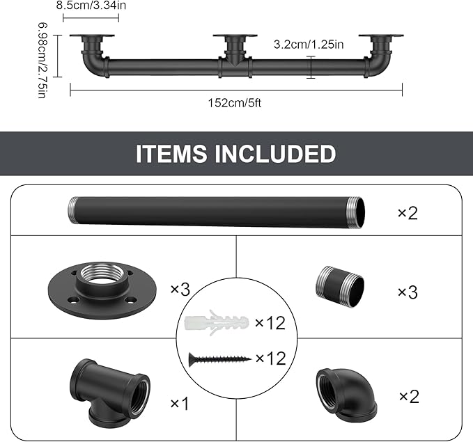 5FT Industrial Stair Railing Wall Mount Staircase Handrail φ1.3" Pipe Hand Rail for Steps Grab Bar Foot Rail Vintage Pipe Railing Black Deck Handrail for Outdoor Indoor Stairs Porch