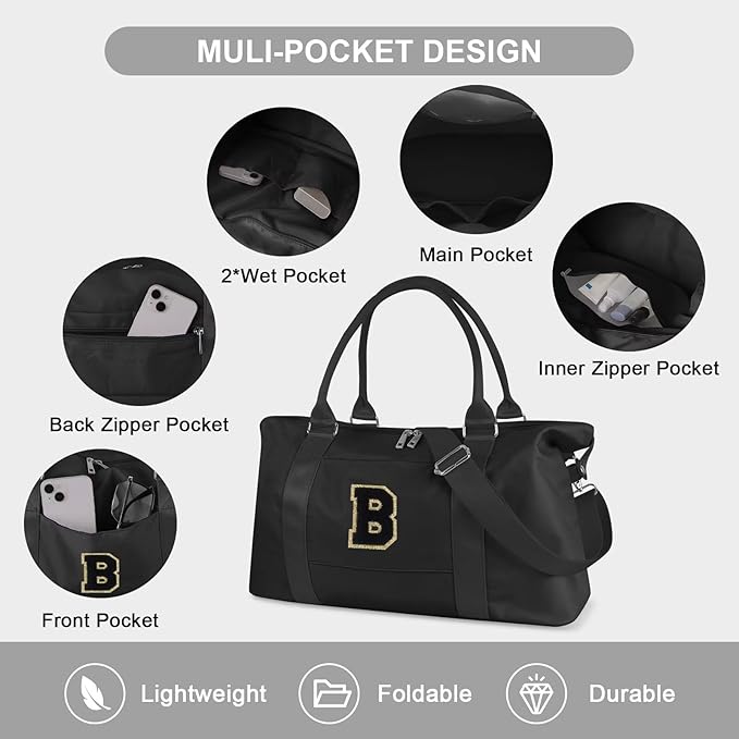 Dance Gym Duffel Bag for Teen Girls, Personalized Initial Travel Weekender Bag,Cute Overnight Carry On Duffle for Women,Sports Travel Cheer Bag,Monogram Christmas Gifts for Tween Preppy(black-B)