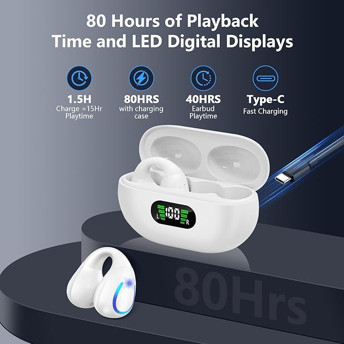 Open Ear Bone Conduction Headphones Bluetooth 5.3 Wireless Open Clip Ear Earbuds Built-in Mic with Ear Hooks 60 Hours Playtime Sport Earphones IPX7 Waterproof for Fitness Running Walking White 1