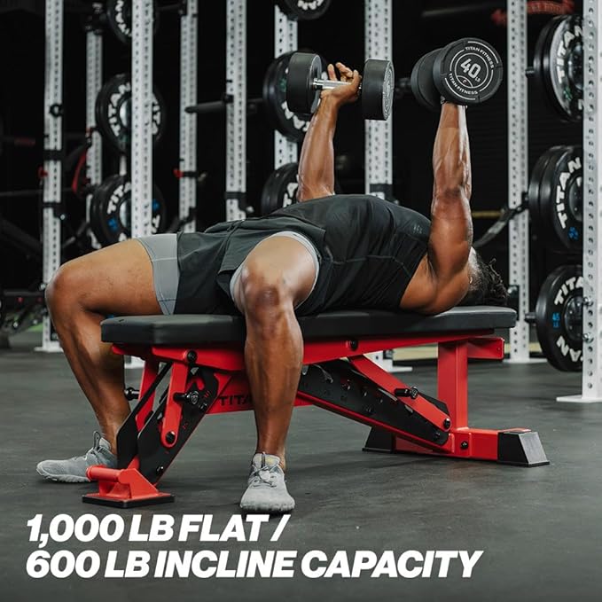 Titan Fitness TITAN Series Adjustable Bench, Supports 600 LB Incline, 1,000 LB Flat, Versatile Single Post Utility Workout Bench for Home Gym, Weightlifting, Strength Training
