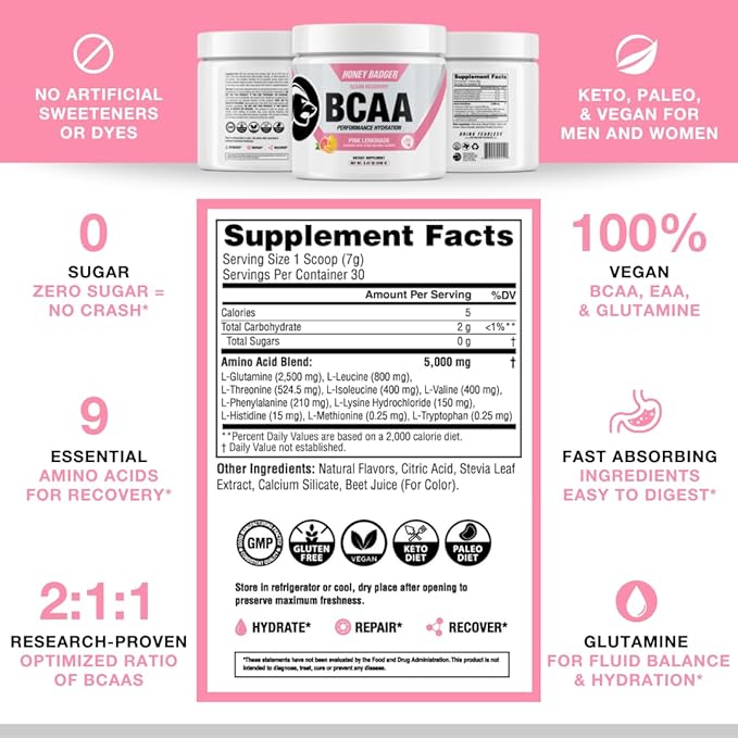 Honey Badger BCAA + EAA Powder | Micronized Creatine Monohydrate | Muscle Growth & Recovery | Natural Recovery for Men & Women | Sugar Free & Paleo | 30 Servings