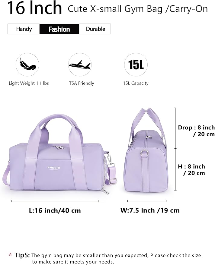 Small Sports Gym Bag for Women Girls Kids Duffle Bag for Fitness Workout, Travel, Dance, Ballet, Swim with Shoes Compartment & Waterproof Pocket, 16" Cute Purple
