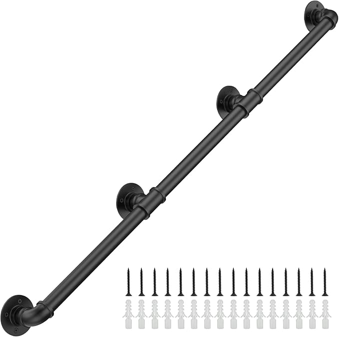 11.4FT Industrial Stair Railing Wall Mount Staircase Handrail φ1.3" Pipe Hand Rail for Steps Grab Bar Foot Rail Vintage Pipe Railing Black Deck Handrail for Outdoor Indoor Stairs Porch