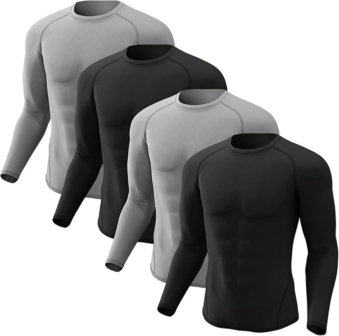 CL convallaria 4 Pack Compression Shirts Men Long Short Sleeve Cooling Dry Rash Guard Athletic Workout T Shirt for Sports