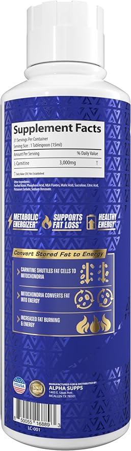 Alpha Supps L Carnitine Liquid 3000 | Stimulant-Free L-Carnitine Supplement for Men & Women | Pre-Workout Energy Boost & Muscle Recovery | Zero Sugar, Fat, & Carbs | 31 Servings (Blue Gummy)