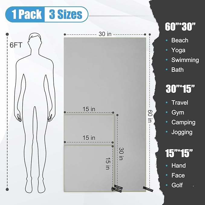 Quick Dry Travel Towel, 3 Sizes 1 Pack Camping Microfiber Towel, Lightweight Fast Drying Towels Set 60"x30", 30"x15", 15"x15" w/Bag for Gym, Beach, Hiking, Swimming, Grey