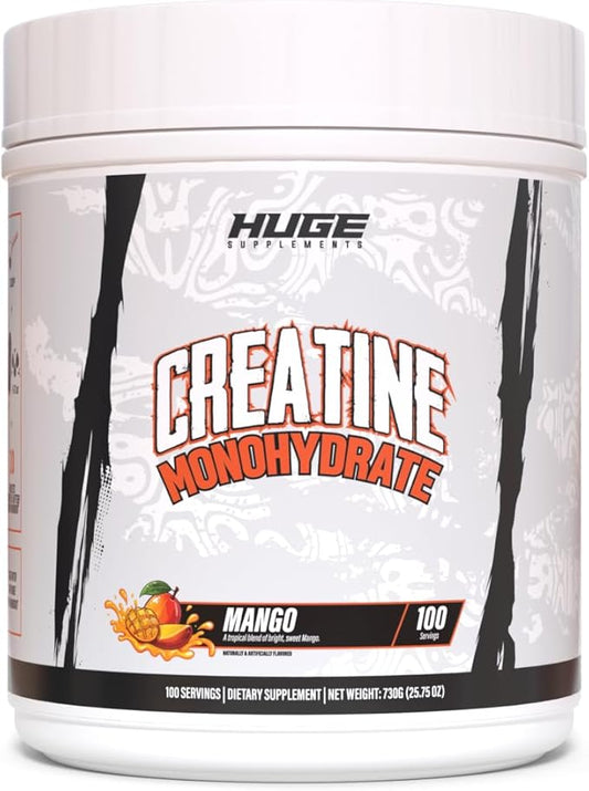 Huge Supplements Flavored Creatine Monohydrate Powder - Mango Flavor, 500 Grams, Third Party Tested, Micronized for Optimal Absorption, 5 Grams Per Scoop, Delicious & Easy Mixability (100 Servings)