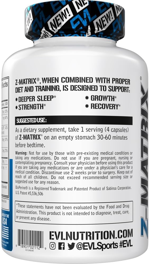 EVL Post Workout Recovery Supplement - Magnesium and Zinc - ZMatrix Zinc Magnesium Aspartate Muscle Recovery Supplement for Sleep Support and Muscle Health