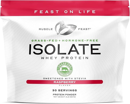 Muscle Feast Grass-Fed Whey Protein Isolate, All Natural Hormone Free Pasture Raised, Whey Isolate Protein Powder for Men and Women, Clean, Gluten-Free, Delicious Isolate Protein - Raspberry, 2lb
