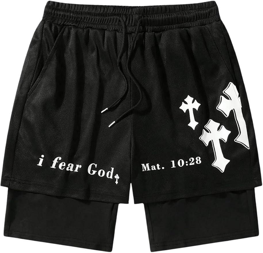 Men's Graphic Shorts with Liner Cross Print Drawstring 2 in 1 Gym Track Bottoms