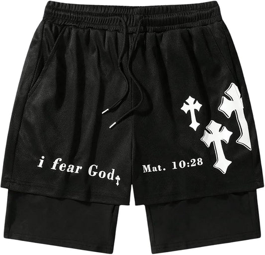 Men's Graphic Shorts with Liner Cross Print Drawstring 2 in 1 Gym Track Bottoms
