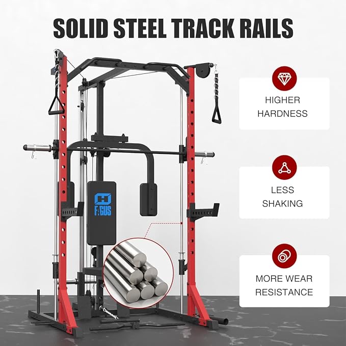 FAGUS Smith Machine Home Gym Power Cage with Pulley System, Space Saving Design Squat Rack with Full Body Strength Training Attachments, PEC Station & Fixed Cable Crossover Optional