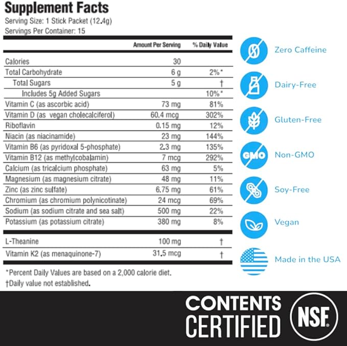 Electrolyte & Vitamin Supplement Powder, Drink Mix with B12, L-Theanine, D3, K2, Zinc, Magnesium, Potassium, Supports Calm Focus & Energy, Blue Raspberry, 15 Pack