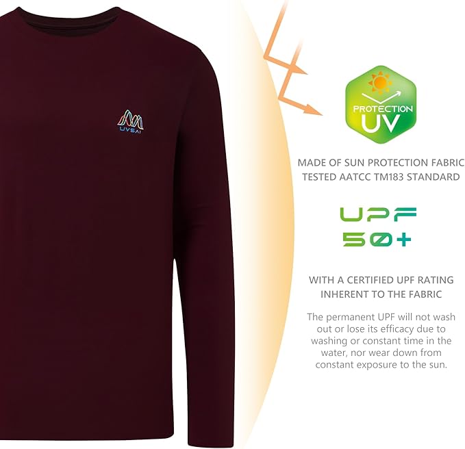 Men’s UPF 50+ Long Sleeve Performance T-Shirts Permanent UV Protective Quick Dry for Everyday Hiking Fishing Beach