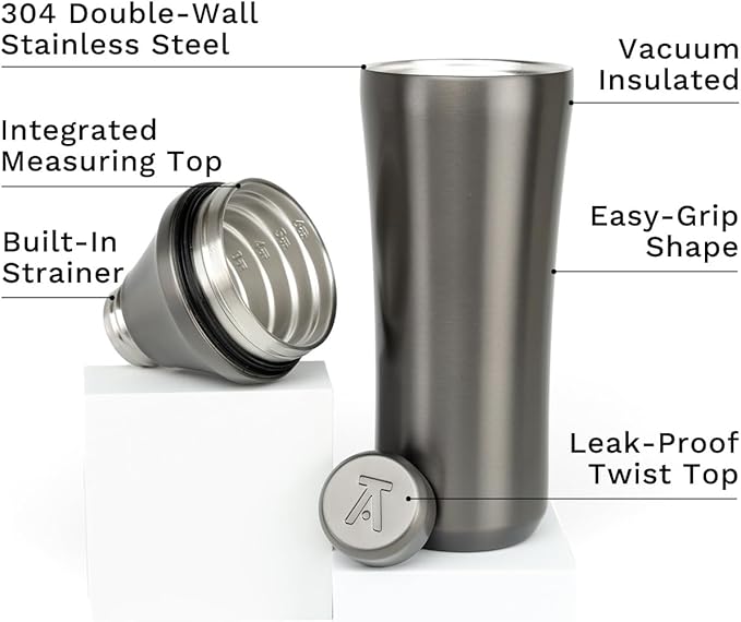Elevated Craft Hybrid Cocktail Shaker - Premium Vacuum Insulated Stainless Steel Gunmetal Cocktail Shaker - Innovative Measuring System - Martini Shaker for the Home Bartender - 28oz Total Volume