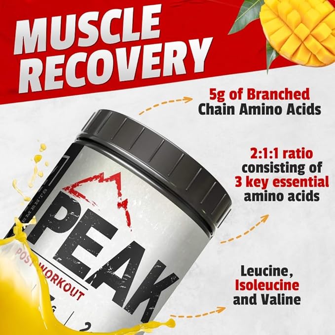 Peak Post Workout - BCAA 2:1:1 Creatine - Glutamine - Muscle Recovery and Strength Building Supplement - 30 Servings - Tropical Mango