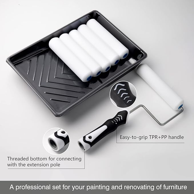 Mister Rui Paint Roller Kit, 9 Pack 6 Inch High Density Foam Paint Roller, Paint Tray with Liner, Mini Paint Rollers for Painting Walls, Small Paint Roller Tray Set