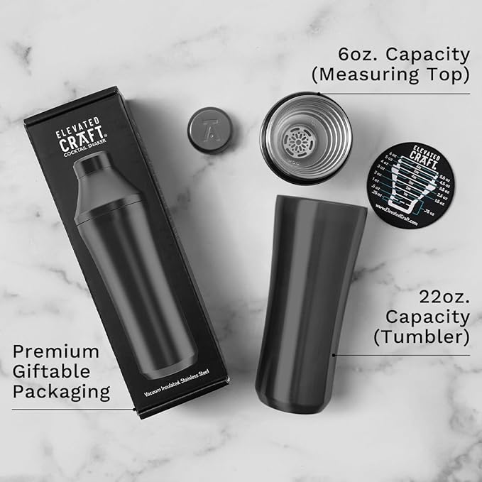 Elevated Craft Hybrid Cocktail Shaker - Premium Vacuum Insulated Stainless Steel Gunmetal Cocktail Shaker - Innovative Measuring System - Martini Shaker for the Home Bartender - 28oz Total Volume
