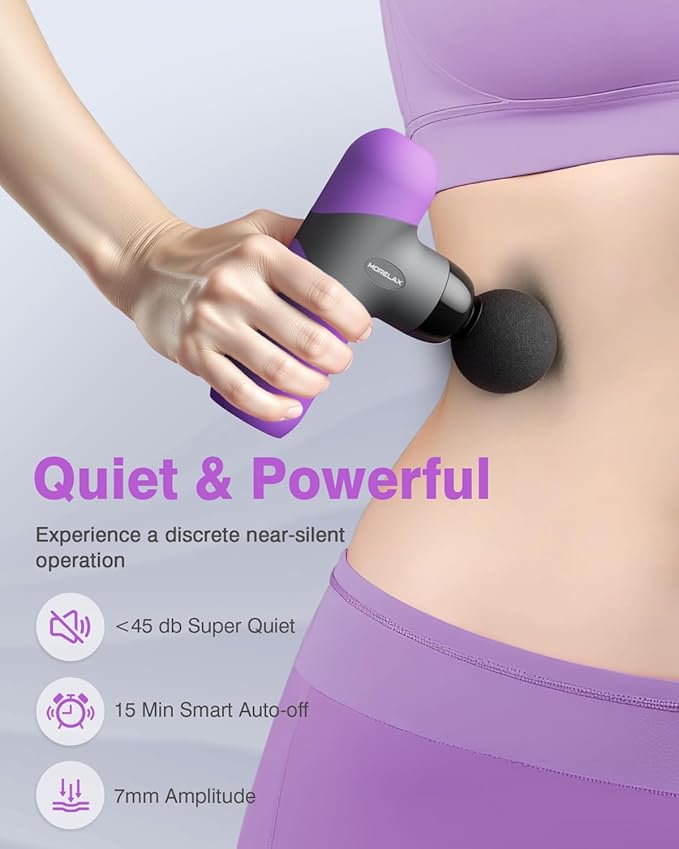 Morelax Mini Massage Gun Portable Deep Tissue Muscle Percussion Massager, Electric Handheld Sport Massager with 6 Massage Heads 4 Speed, Best Gift (Purple)