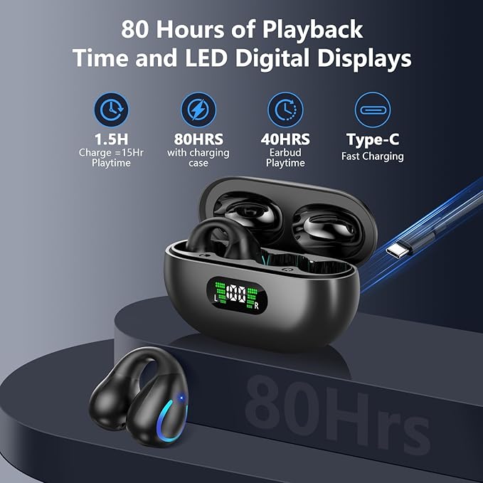 Open Ear Bone Conduction Headphones Wireless Bluetooth 5.3 Open Clip On Earbuds Built-in Mic with Ear Hooks 60 Hours Playtime Sport Earphones IPX7 Waterproof for Fitness Running Walking Black