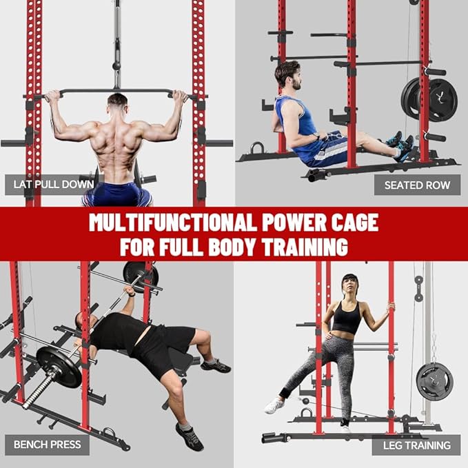 FAGUS Power Cage, Multi-Function Power Rack with LAT Pulldown, Seated Row, Cable Pulley System, J-Hooks, Dip Handles, Landmine, Squat Rack with Optional Cable Corssover, Smithe Attachment for Home Gym