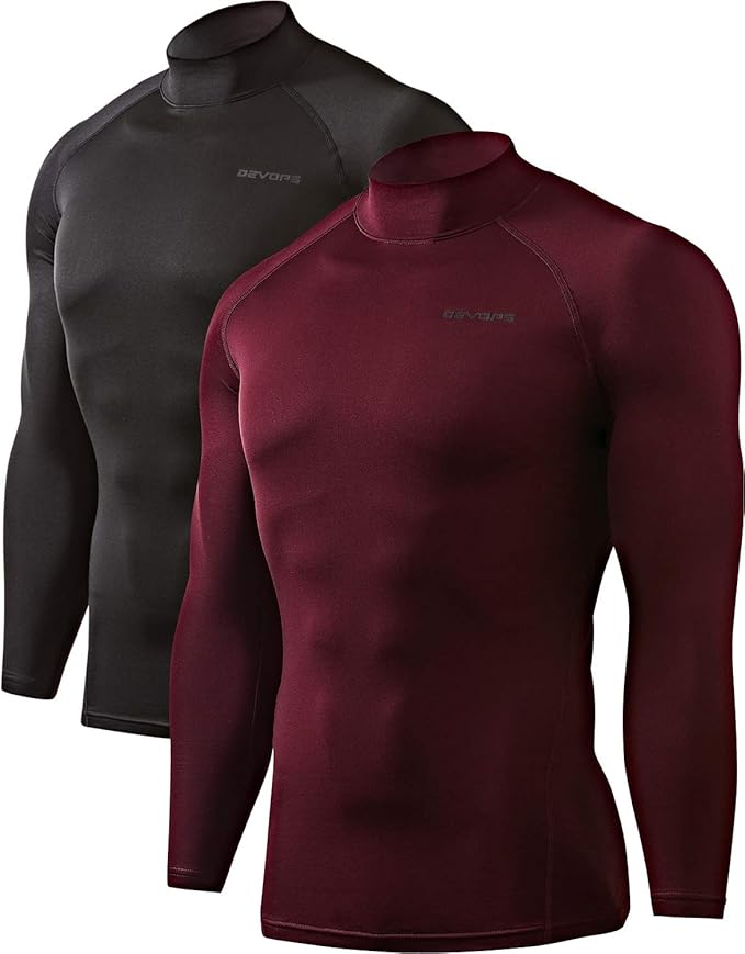 DEVOPS 2 Pack Men's Thermal Turtle Mock Neck Shirts, Compression Long Sleeve Tops and Hoodies