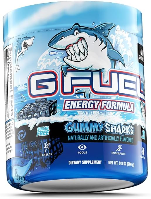 G Fuel Gummy Sharks Energy Drink Powder, Pre Workout Caffeine Mix for Gaming, Sugar Free Focus Amino, Vitamin + Antioxidants, 9.8oz (Gummy Sharks, 40 Servings)