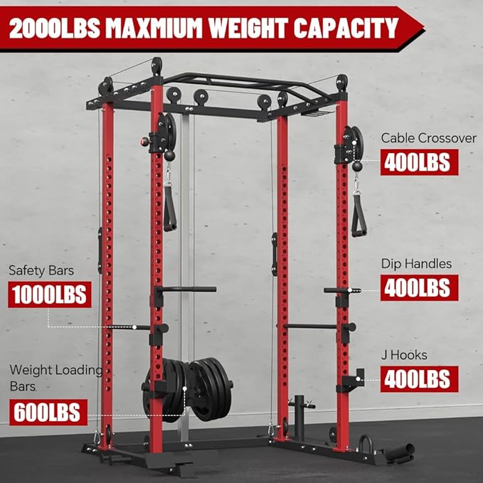 FAGUS Power Cage, Multi-Function Power Rack with LAT Pulldown, Seated Row, Cable Pulley System, J-Hooks, Dip Handles, Landmine, Squat Rack with Optional Cable Corssover, Smithe Attachment for Home Gym