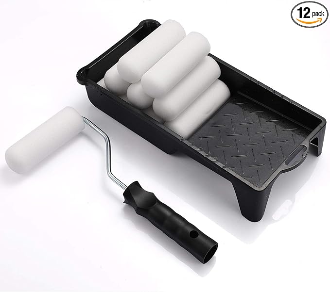 Foam Paint Roller, Roller Frame with 4-Inch Mini Paint Roller Cover Refills with Foam-Covered Ends, High-Density Foam Paint Tray Set for Room Home Repair Mini Paint Kits(12 Piece)
