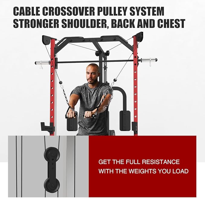 FAGUS Smith Machine Home Gym Power Cage with Pulley System, Space Saving Design Squat Rack with Full Body Strength Training Attachments, PEC Station & Fixed Cable Crossover Optional