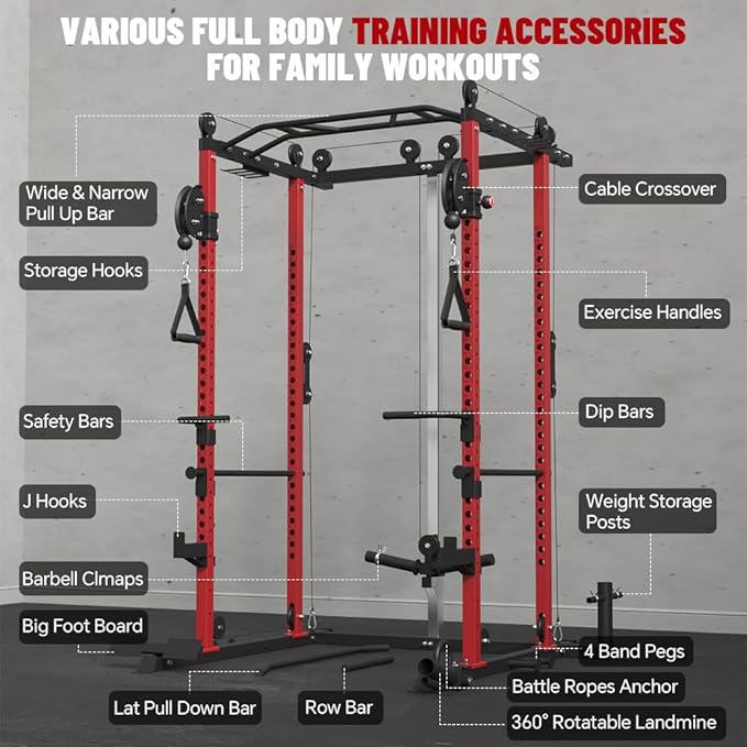 FAGUS Power Cage, Multi-Function Power Rack with LAT Pulldown, Seated Row, Cable Pulley System, J-Hooks, Dip Handles, Landmine, Squat Rack with Optional Cable Corssover, Smithe Attachment for Home Gym